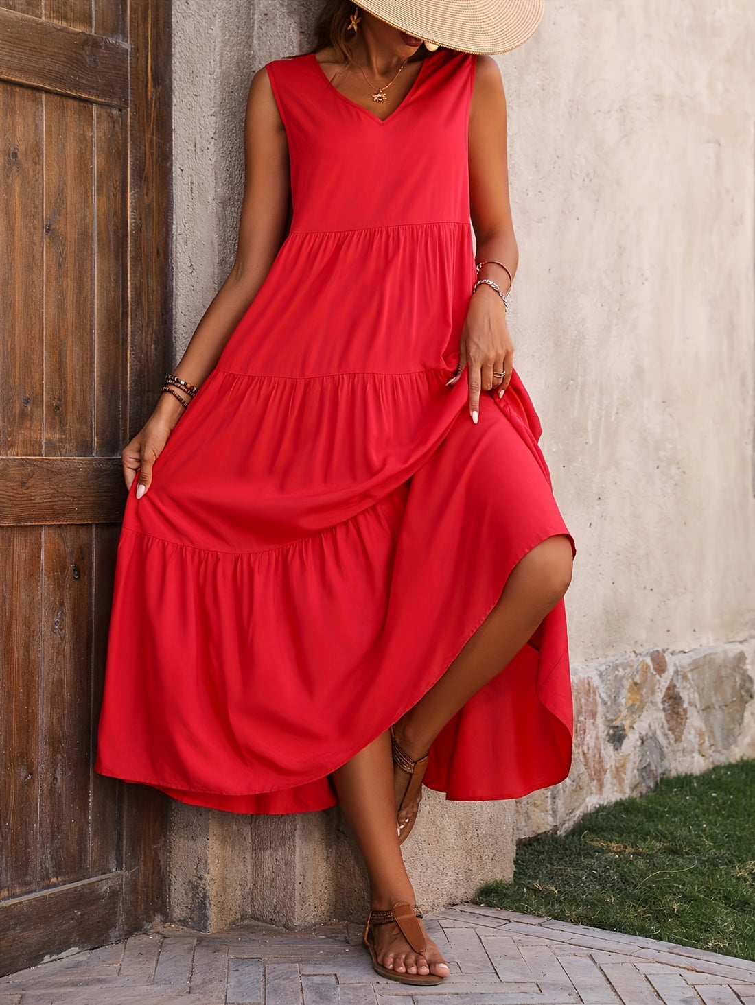 Loose V Neck Ruffle Hem Dress, Casual Sleeveless Dress