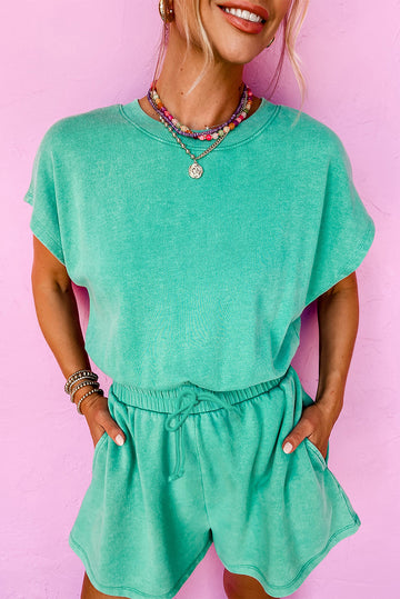 Sea Green Mineral Wash Drawstring Waist Hollow Out Back Short Sleeve Romper