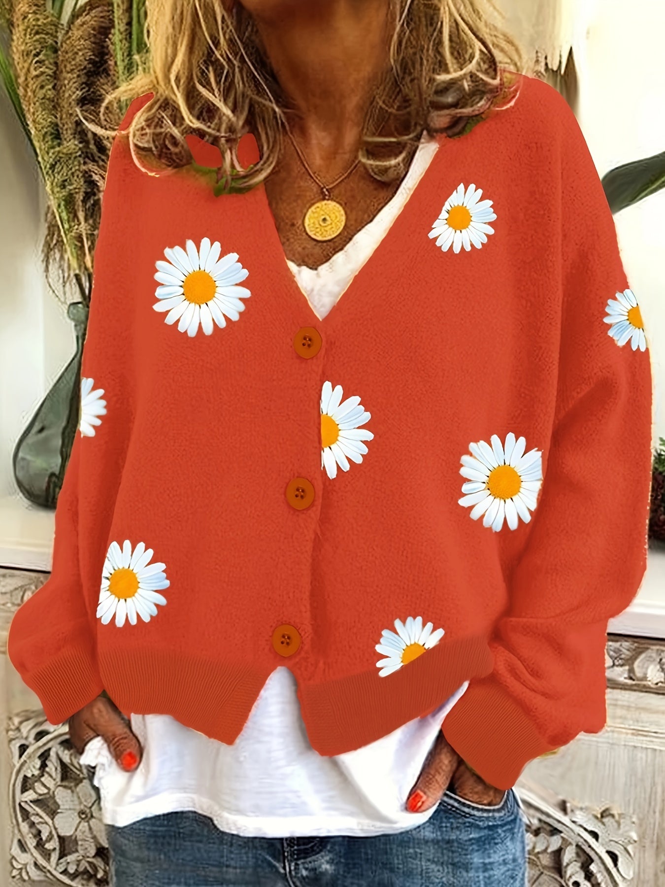 Daisy Pattern Embroidered Knitted Cardigan, Button Front Elegant Long Sleeve Sweater