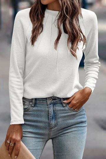 White Solid Color Seam Detail Raglan Long Sleeve Top