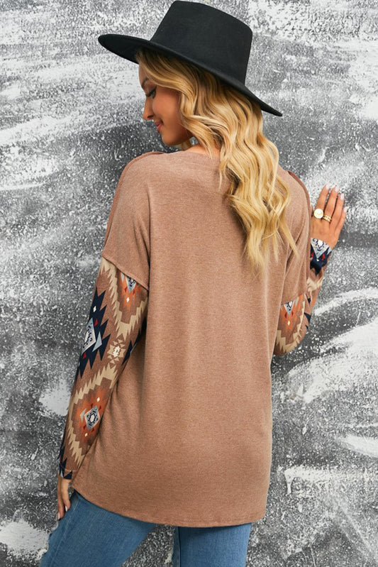 Brown Western Aztec Print Buttoned V Neck Top