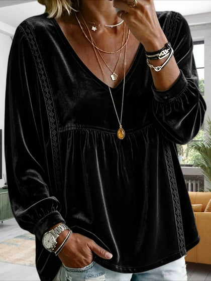 V-Neck Lace Trim Long Sleeve Velvet Blouse