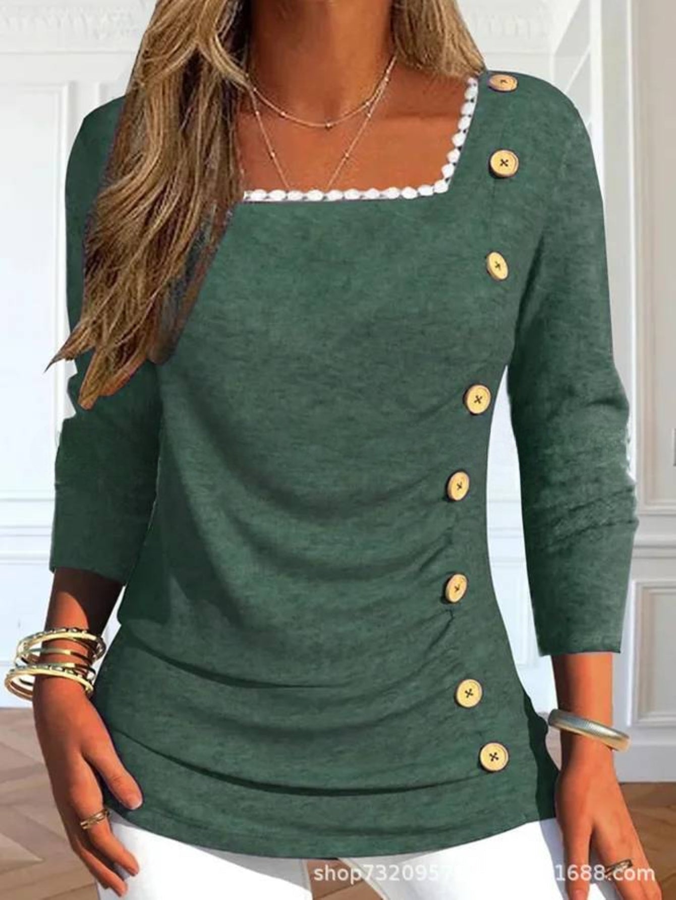 Button Decor Square T-Shirt, Casual Lace Stitching T-Shirt