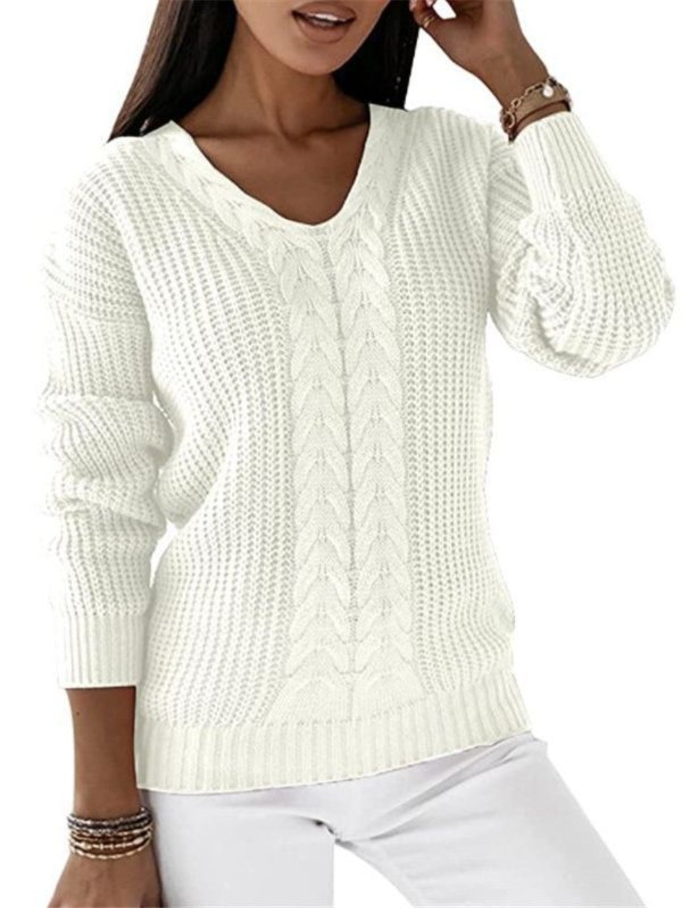 Cable Knit V Neck Sweater, Casual Long Sleeve Sweater