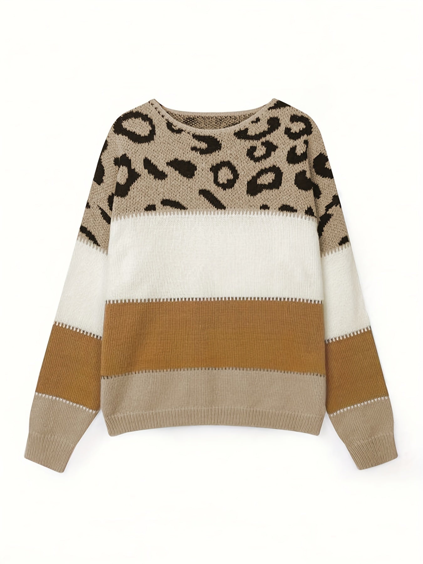 Chic Leopard Print Color Block Knit Sweater - Casual Crew Neck, Long Sleeve Pullover
