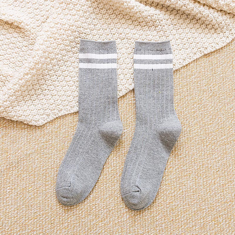 5/10 Pairs Solid Patched Stripes Crew Socks, Basic Sports Business Stockings