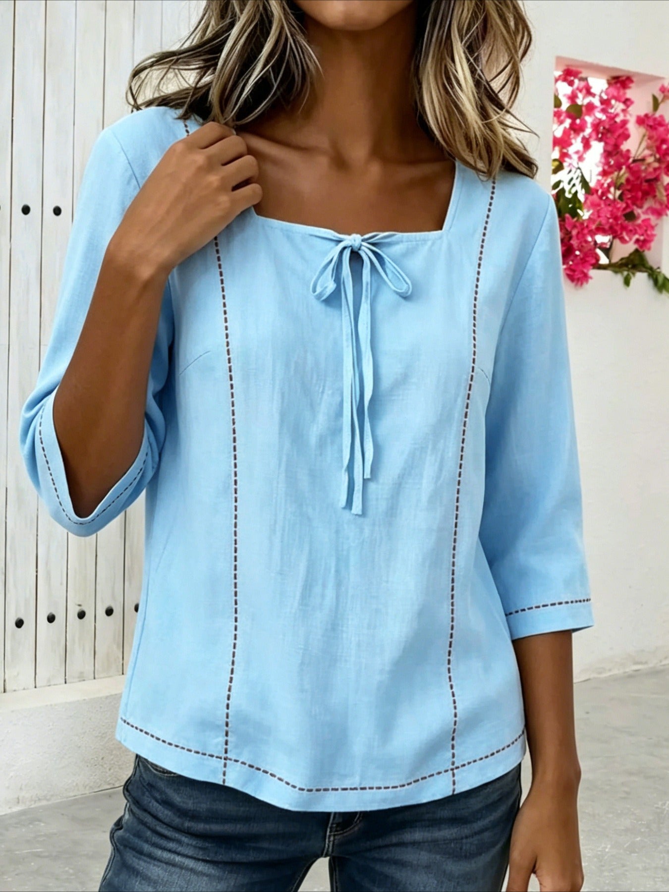 Loose Casual Popular Printed Lace-up Square Neck Mid-Sleeve Shirt
