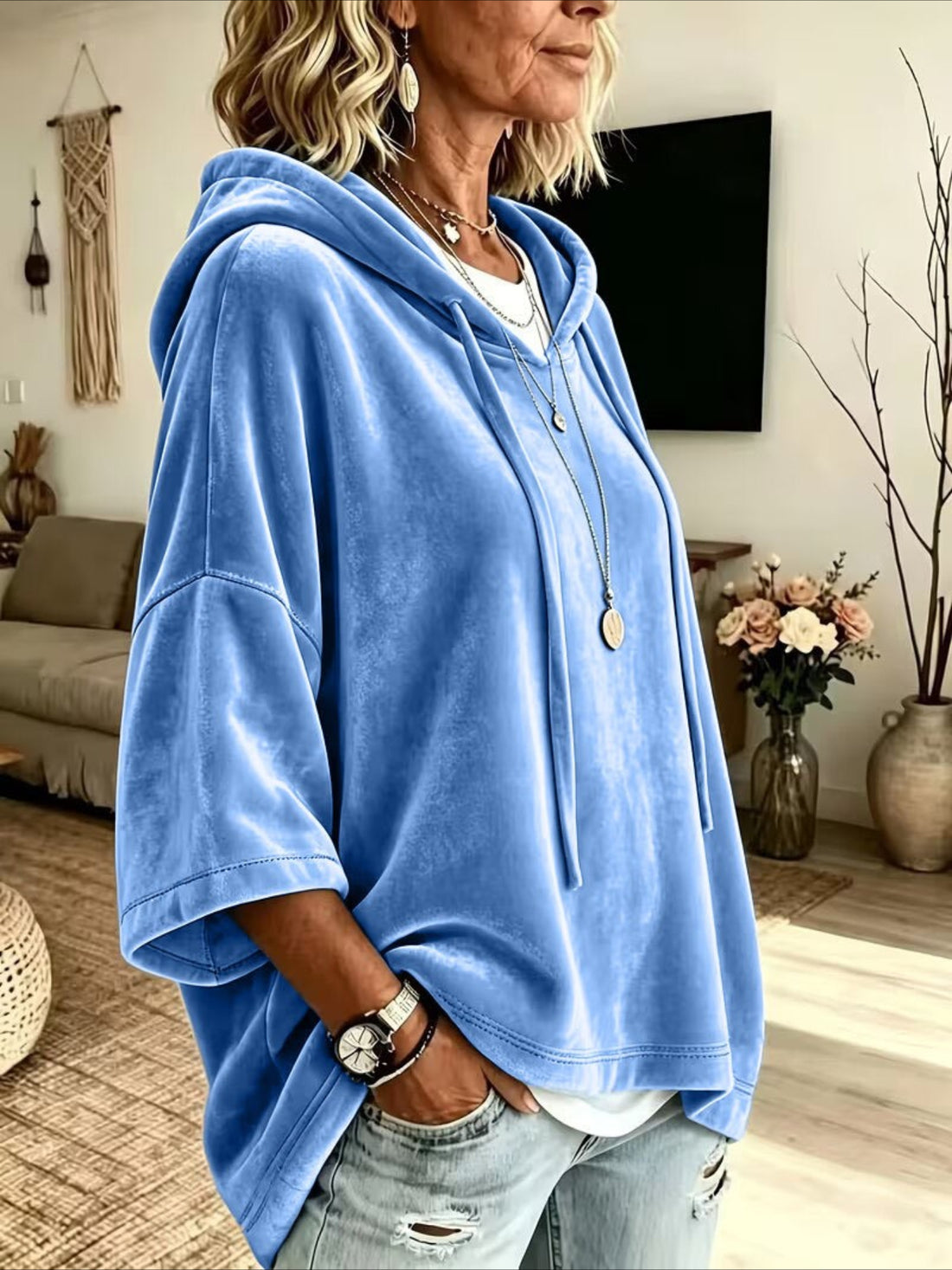 Loose Fit Velvet Hoodie with Three-Quarter Batwing Sleeves