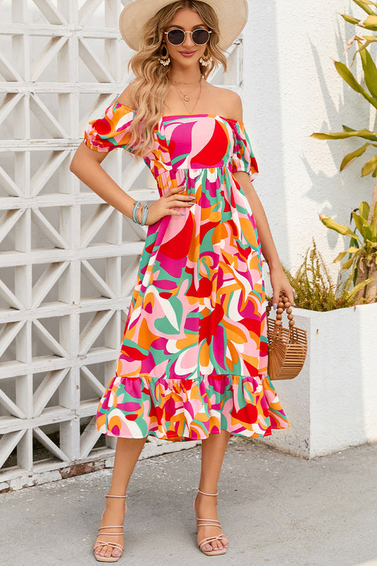 Fiery Red Abstract Print Square Neck Flowy Midi Dress