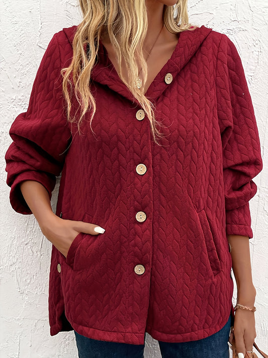 Casual Coat, Women's Solid Jacquard Button Up Hooded Long Sleeve Coat