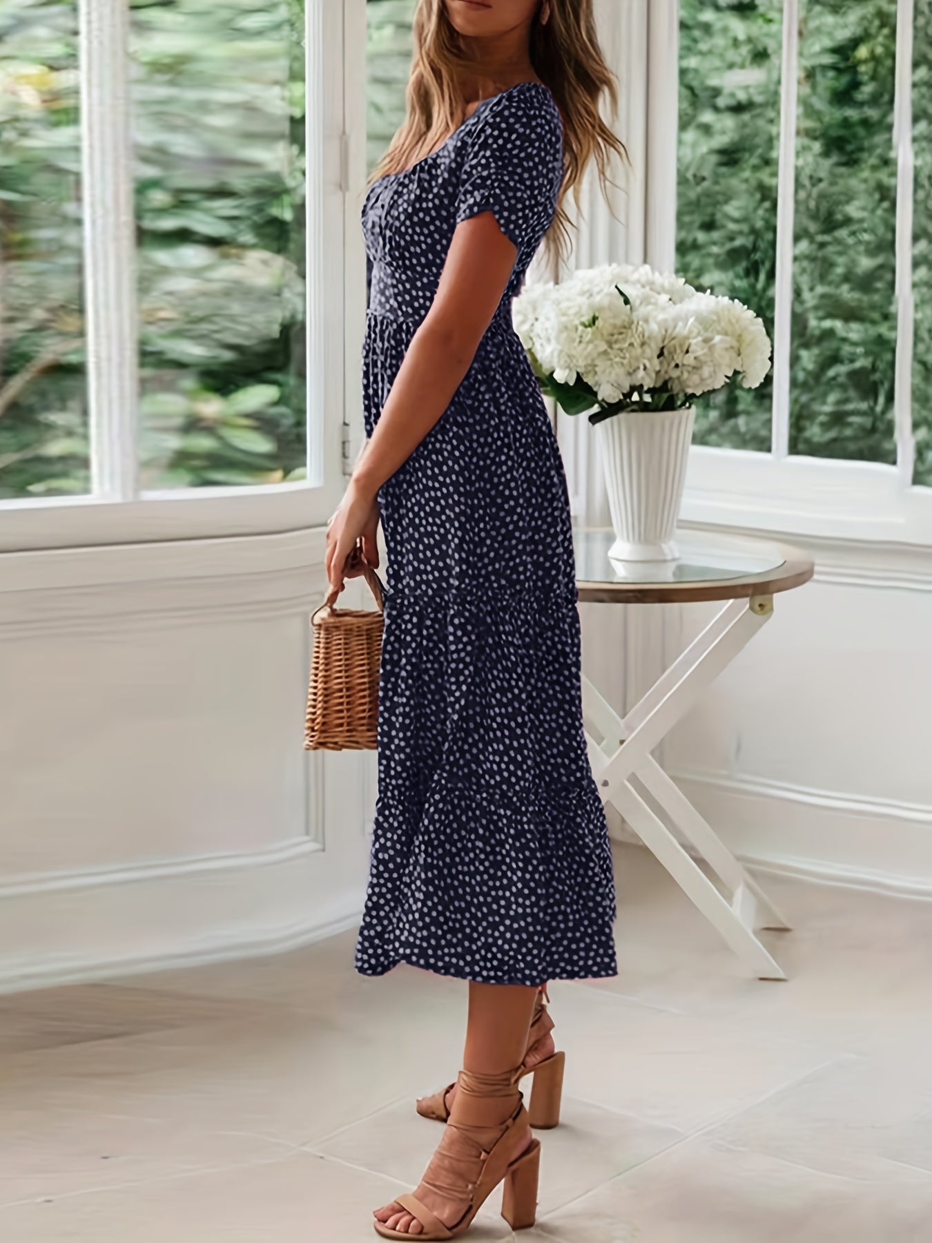 Polka Dot Ruffle Hem Dress, Casual Square Neck Short Sleeve Dress
