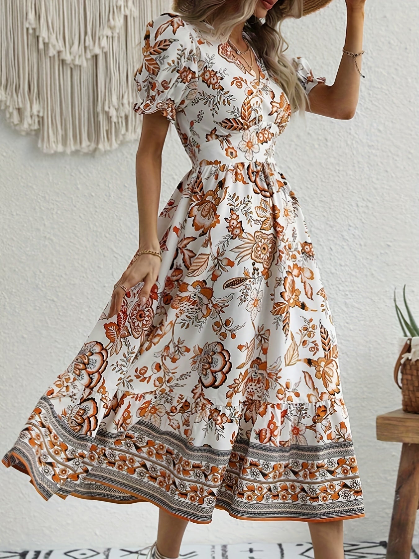 Floral Print V Neck Dress, Elegant Short Sleeve Dress