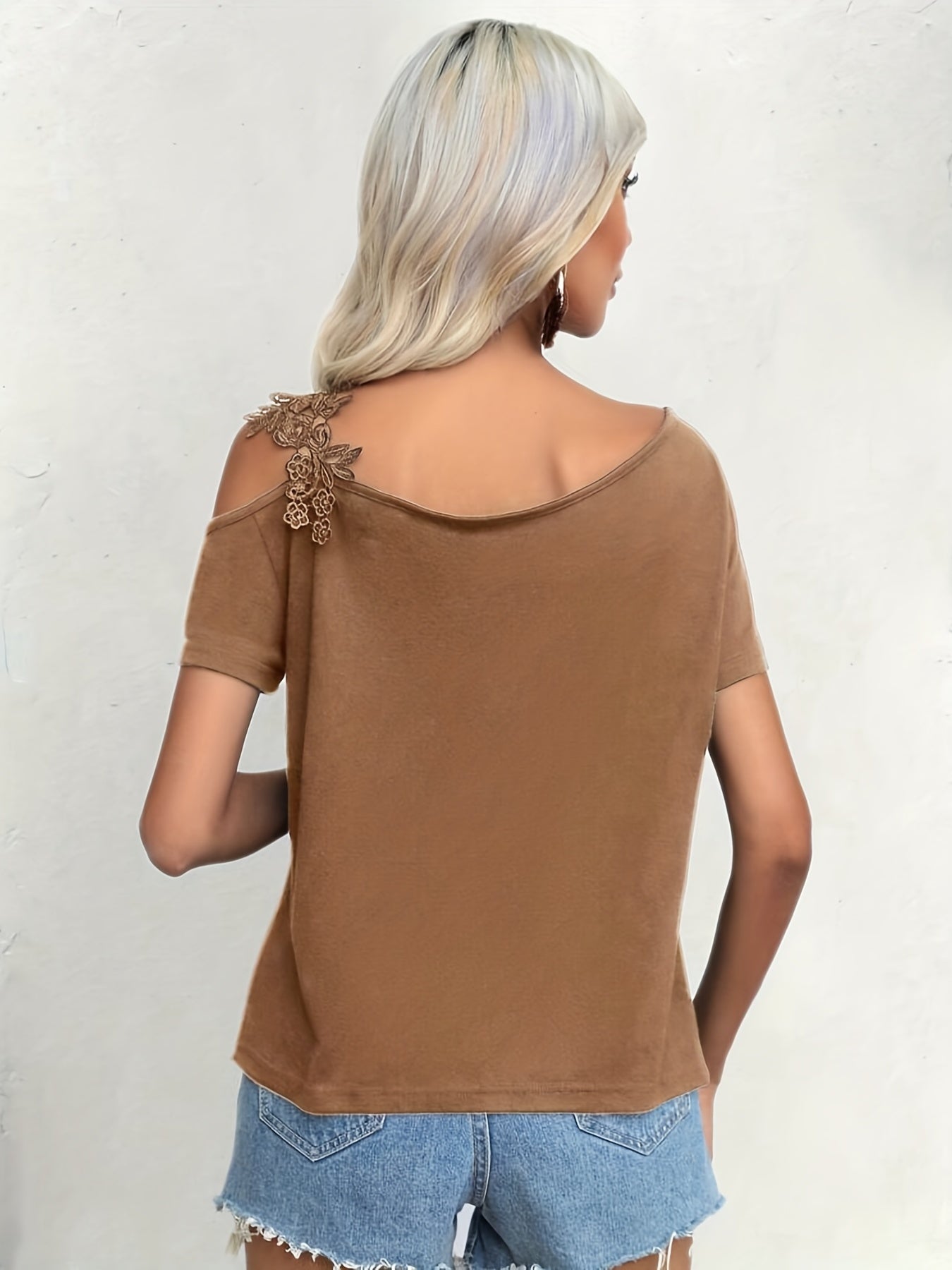 Women's Guipure Lace Asymmetrical Neck Short Sleeve T-Shirt