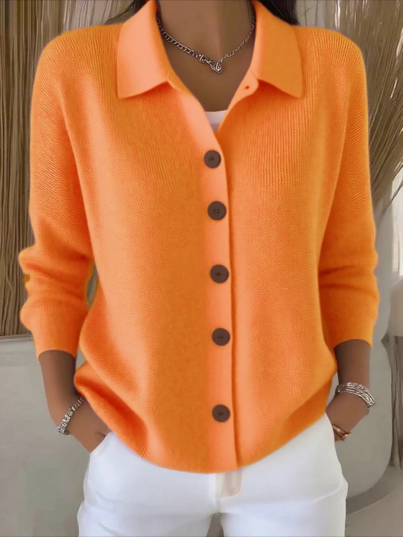 Button Plain Long Sleeve Comfy Casual Cardigan