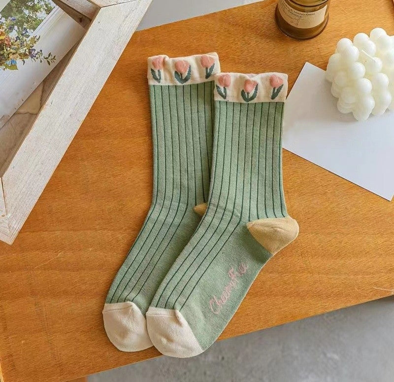 4pairs Floral Socks Set, Women Cute Flower Geometric 3D Textured Ankle Cotton Blend Cottagecore Lucky Socks