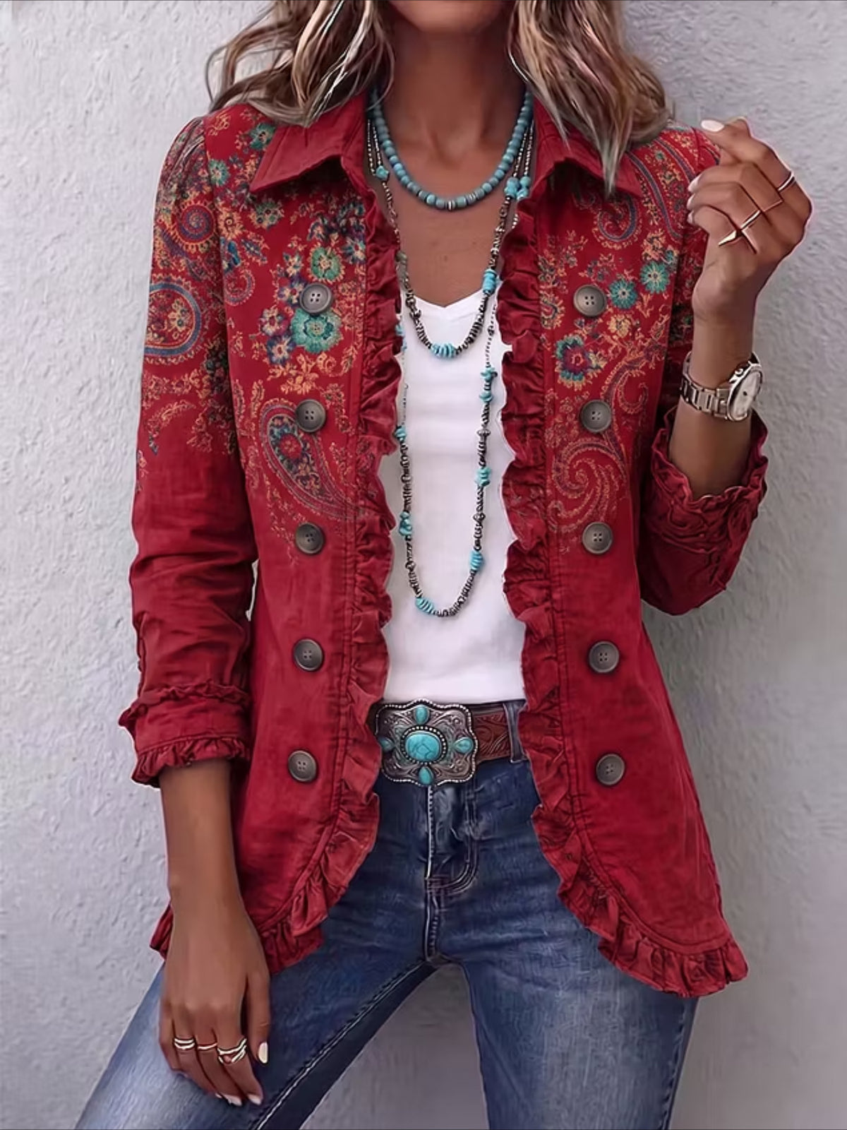 Western Style Pattern Print Long Sleeve Ruffle Edge Open Button Cardigan Coat