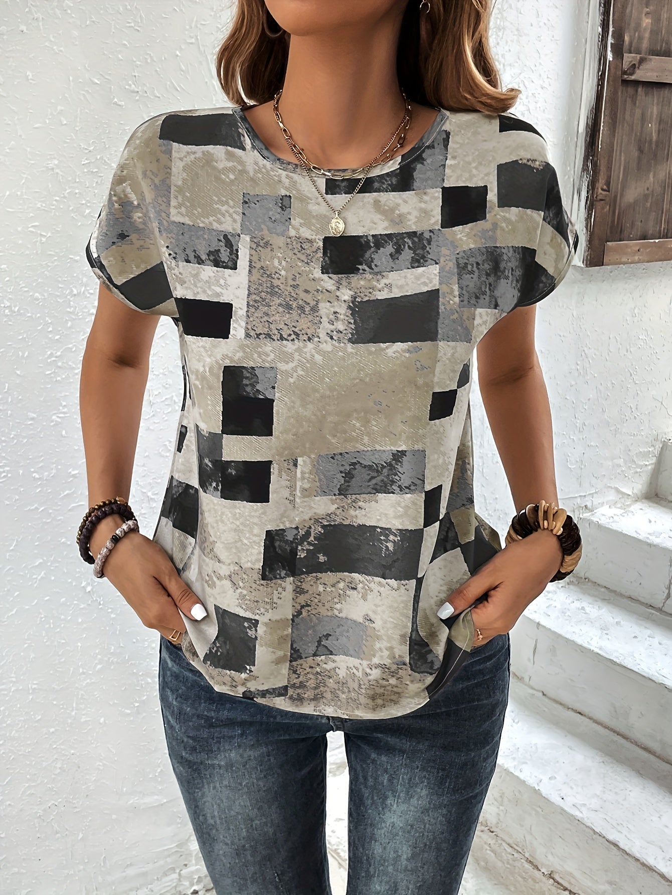 Graphic Print Crew Neck T-shirt, Short Sleeve Aztec Print Tops