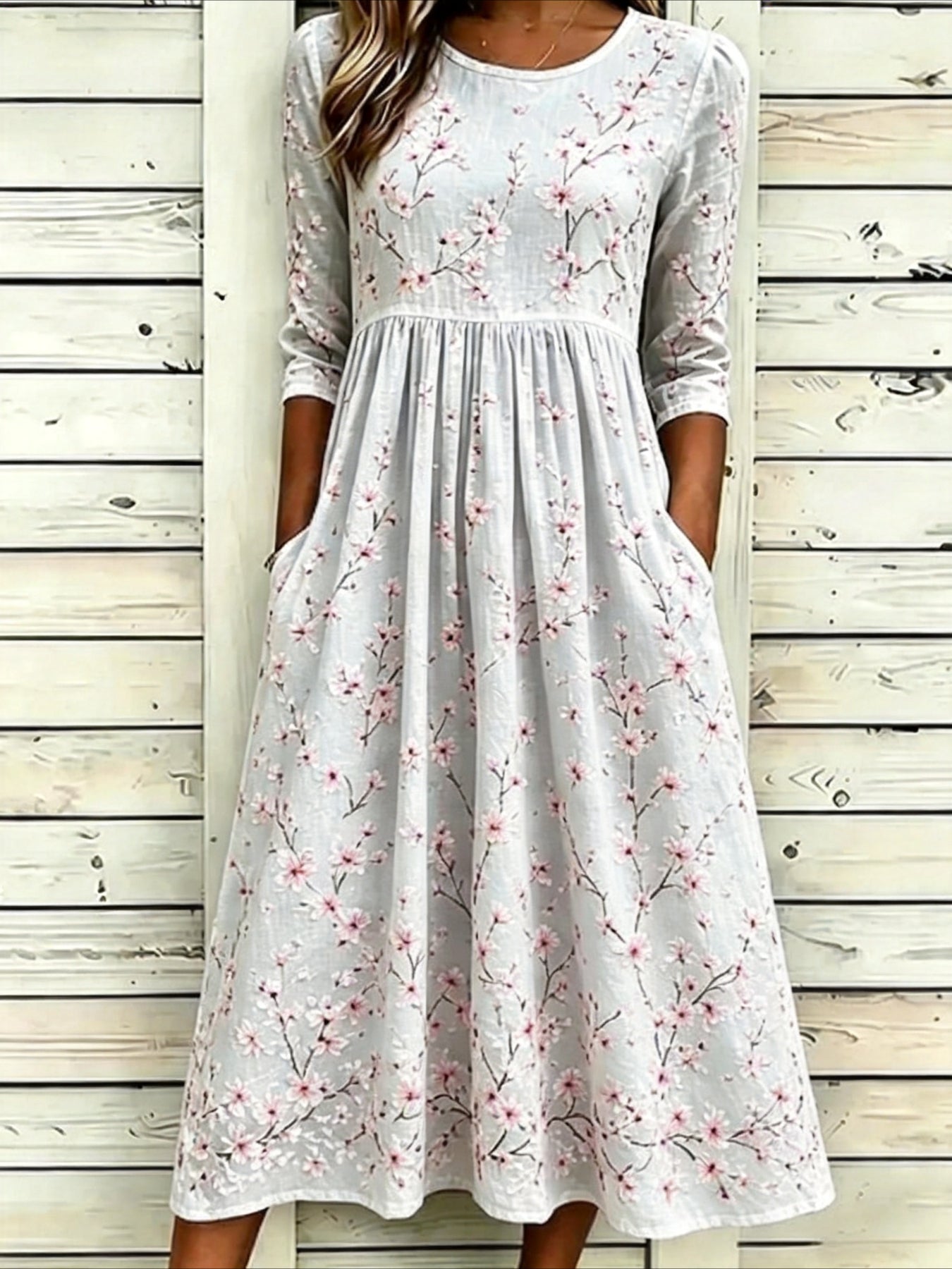 Flower Casual Round Neck Half Sleeve Mid Dress