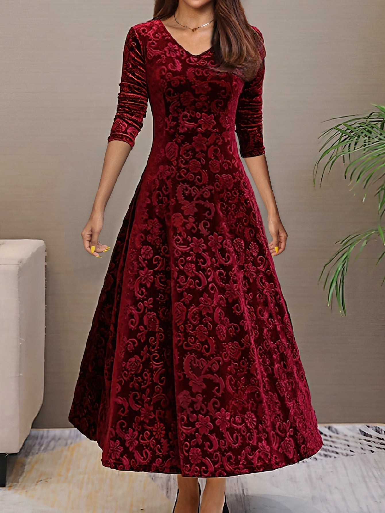Solid Color Long Sleeve Dress, Elegant V Neck Flared Dress