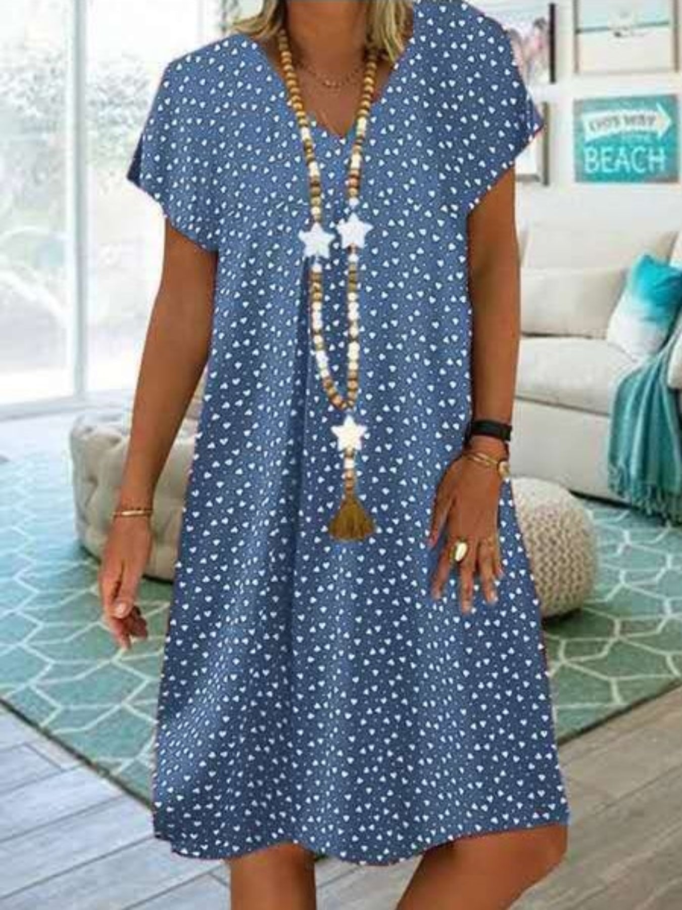 Polka Dot & Heart Print Dress, Casual V Neck Short Sleeve Dress