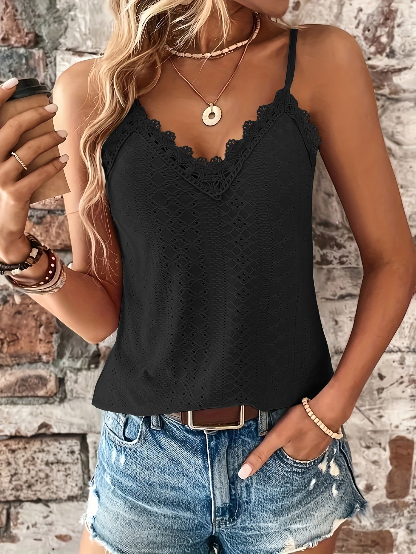 Solid Lace Stitching Eyelet Top, Vintage V-neck Sleeveless Cami Top