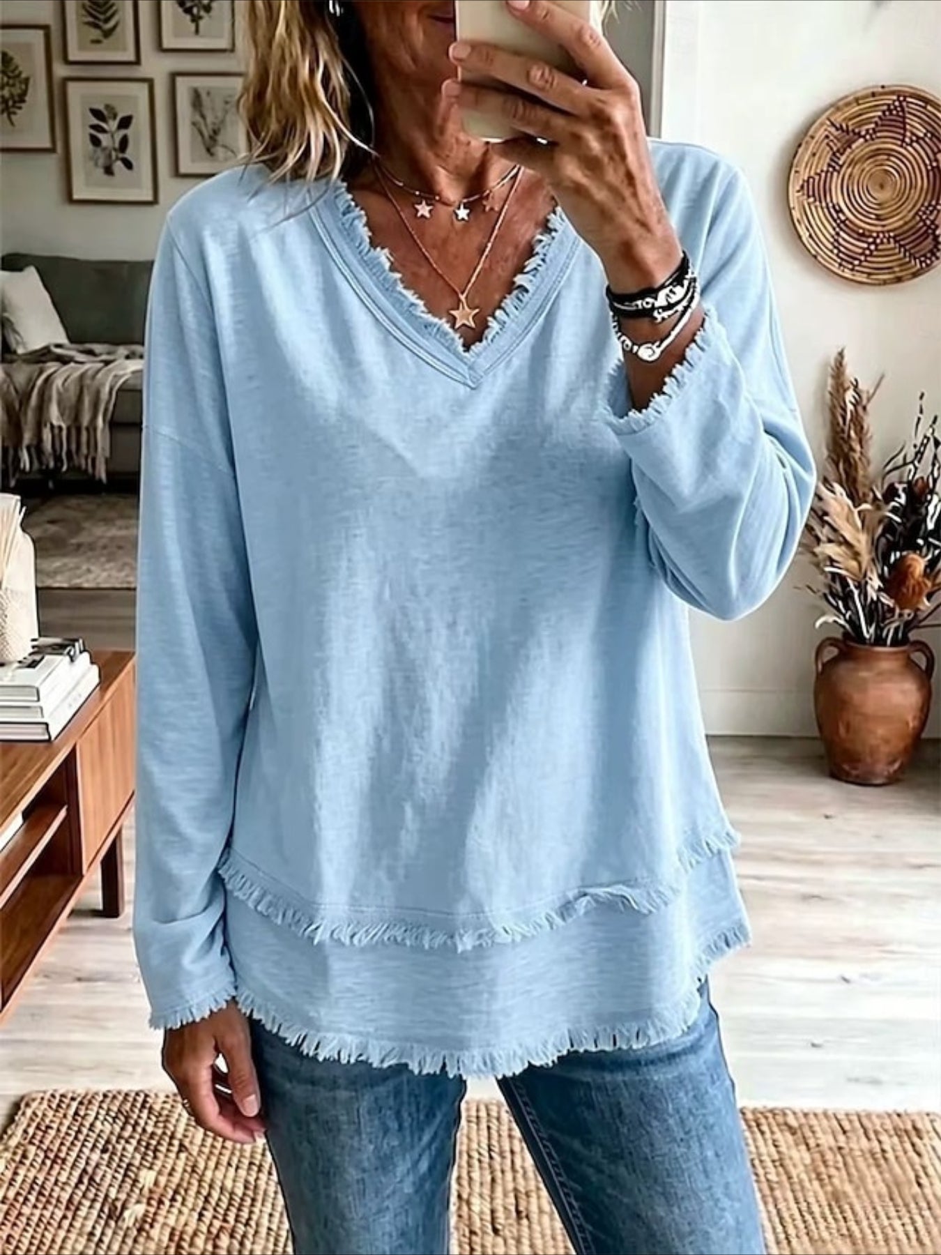 Solid Color Loose V Neck Beard Edge Long Sleeve T-shirt