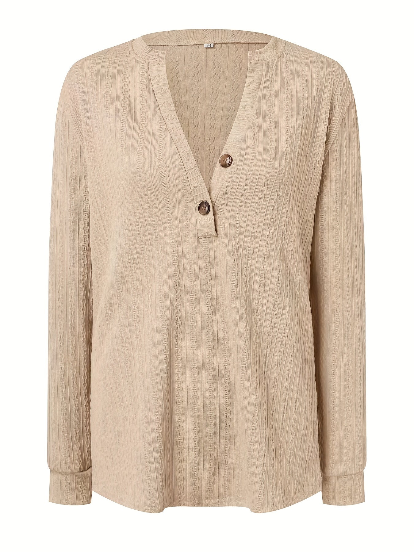 Plus Size Casual Top, Women's Plus Solid Cable Long Sleeve Button Decor V Neck Slight Stretch Top