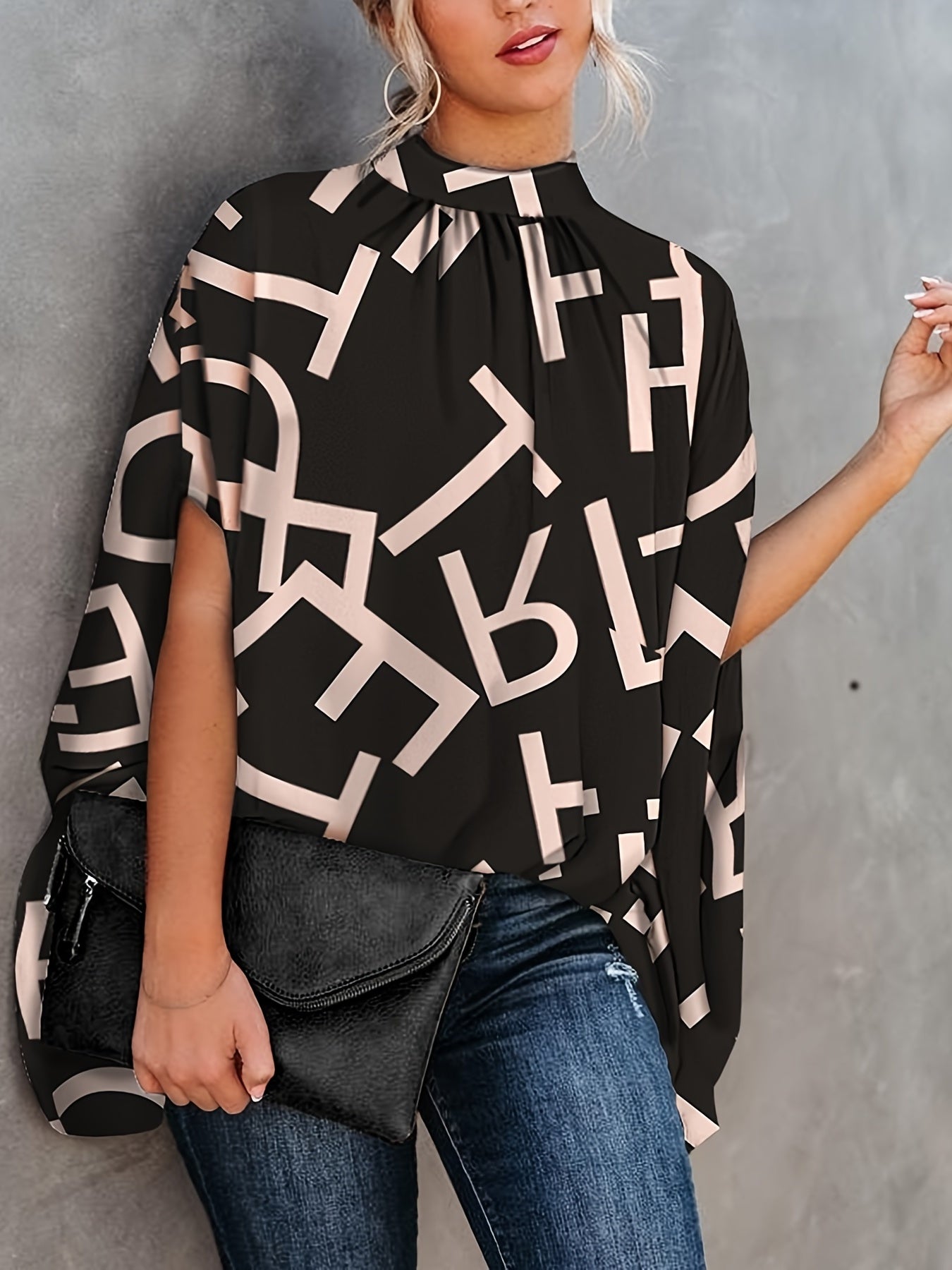 Asymmetrical High Neck Batwing Sleeve Shirt, Letter Print Elegant Summer Stretchy Shirt