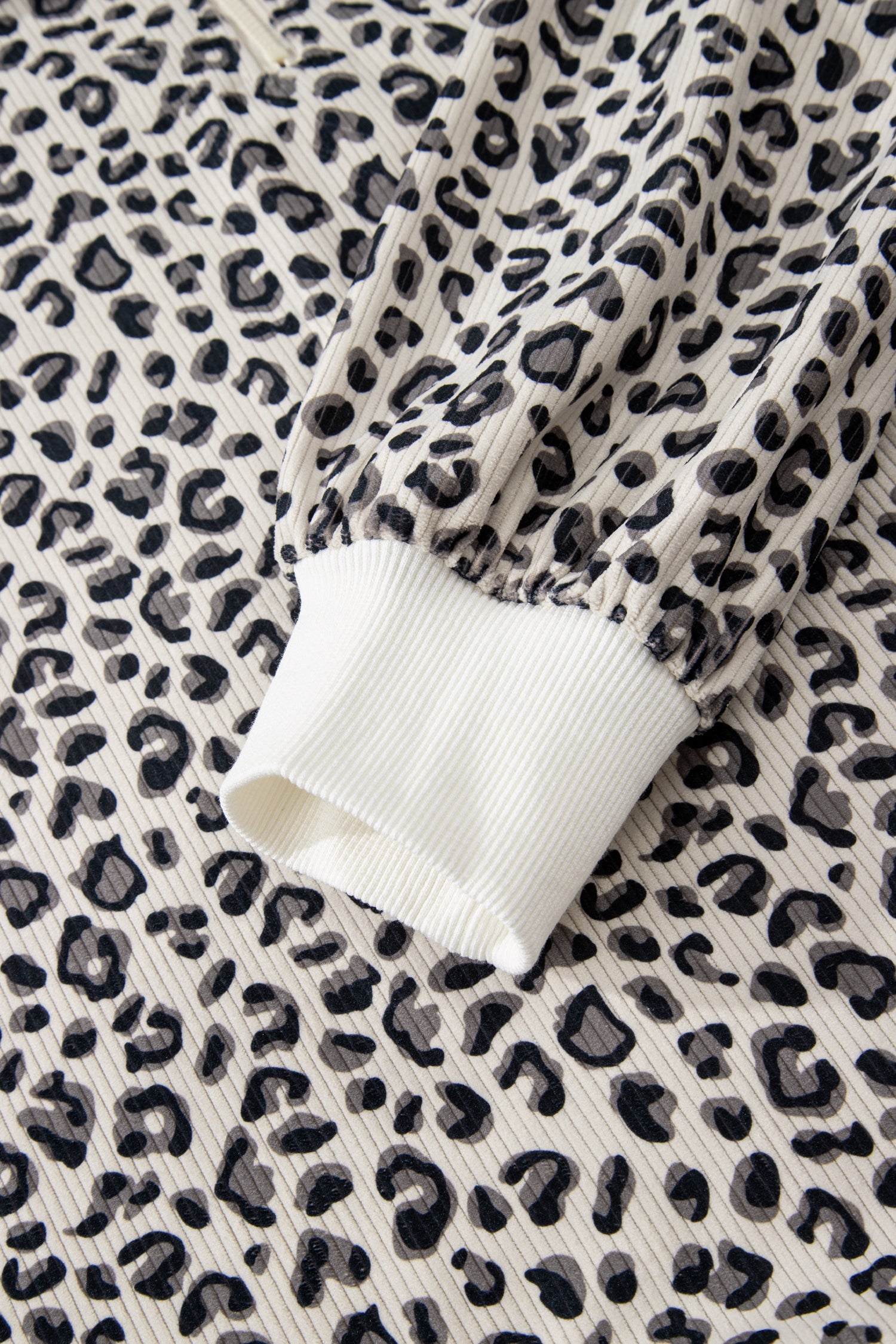 Beige Leopard Print Quarter Zip Corduroy Sweatshirt