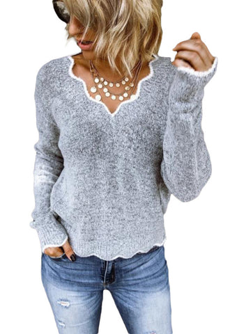 Scallop Trim Knit Sweater, Casual V Neck Long Sleeve Sweater
