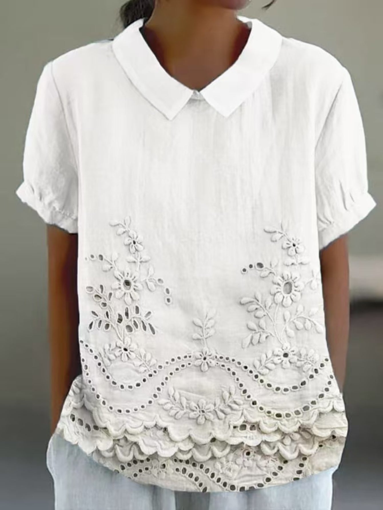 Plain Half Sleeve Blouse Summer Shawl Collar Daily Casual Top