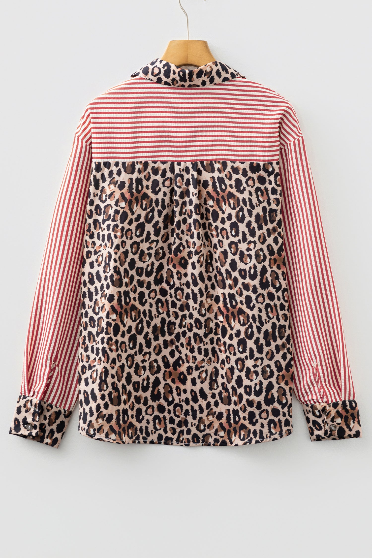 Racing Red Striped Leopard Print Patchwork Button Up Womens Shirt
