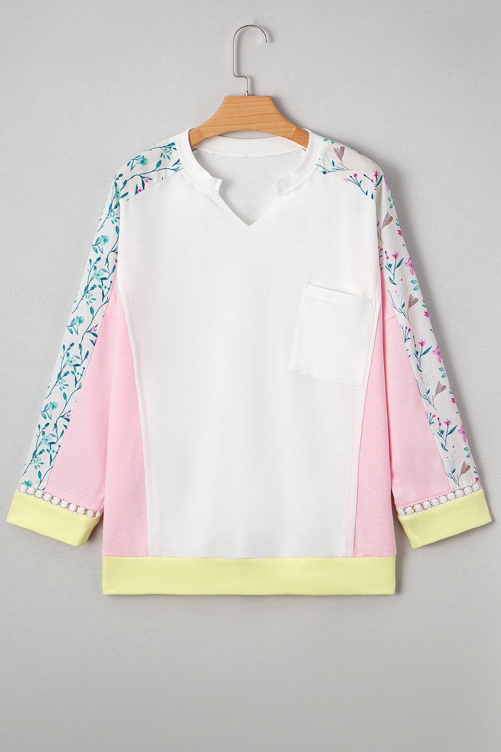 White Floral Colorblock Patchwork Chest Pocket Notched Neck Long Sleeve Top