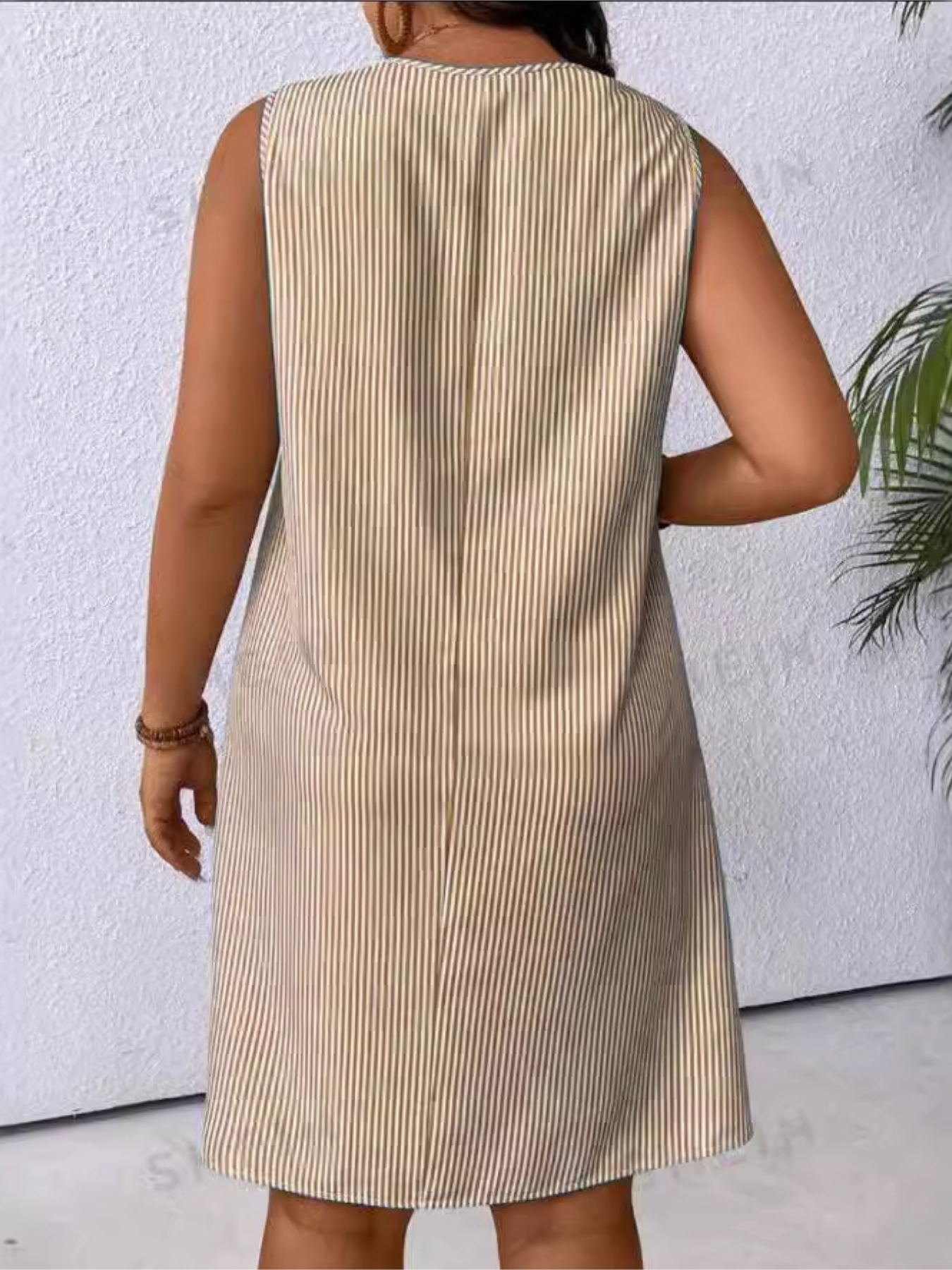 Striped Print Ring Decor Dress, Casual Pockets V-neck Dress