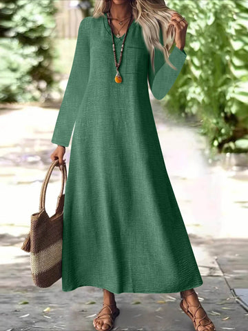 Back Zipper Solid Color Long Sleeve Cotton and Linen Dress