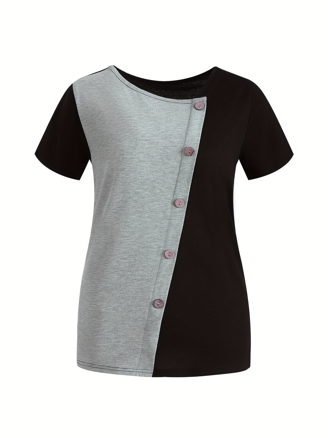 Color Block Asymmetrical Neck T-Shirt - Casual Short Sleeve Top