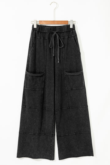 Black Mineral Wash Exposed Seam Drawstring High Waist Wide Leg Cargo Pants