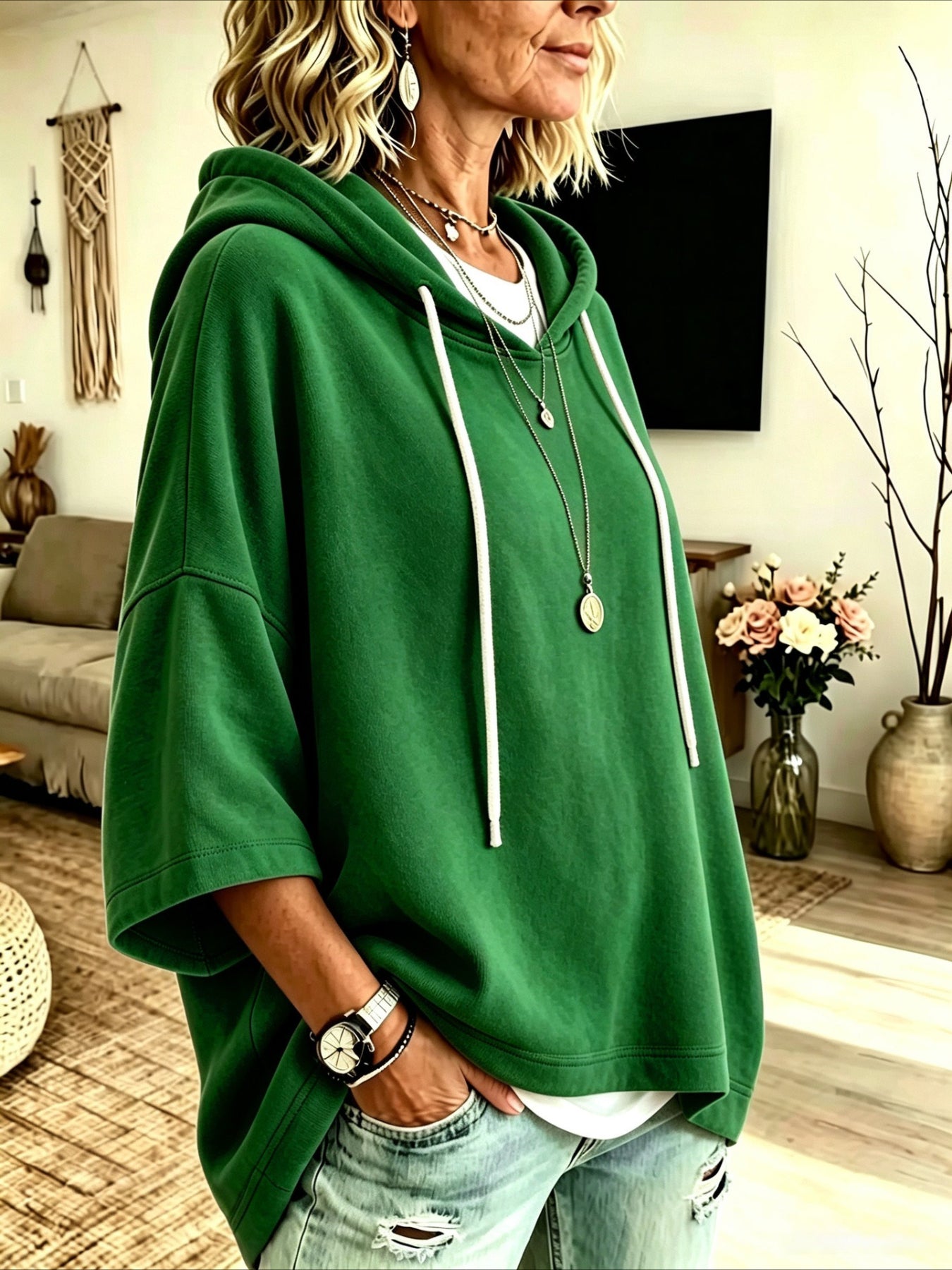 Seven-quarter Sleeves Solid Color Casual Hooded Sweatshirt