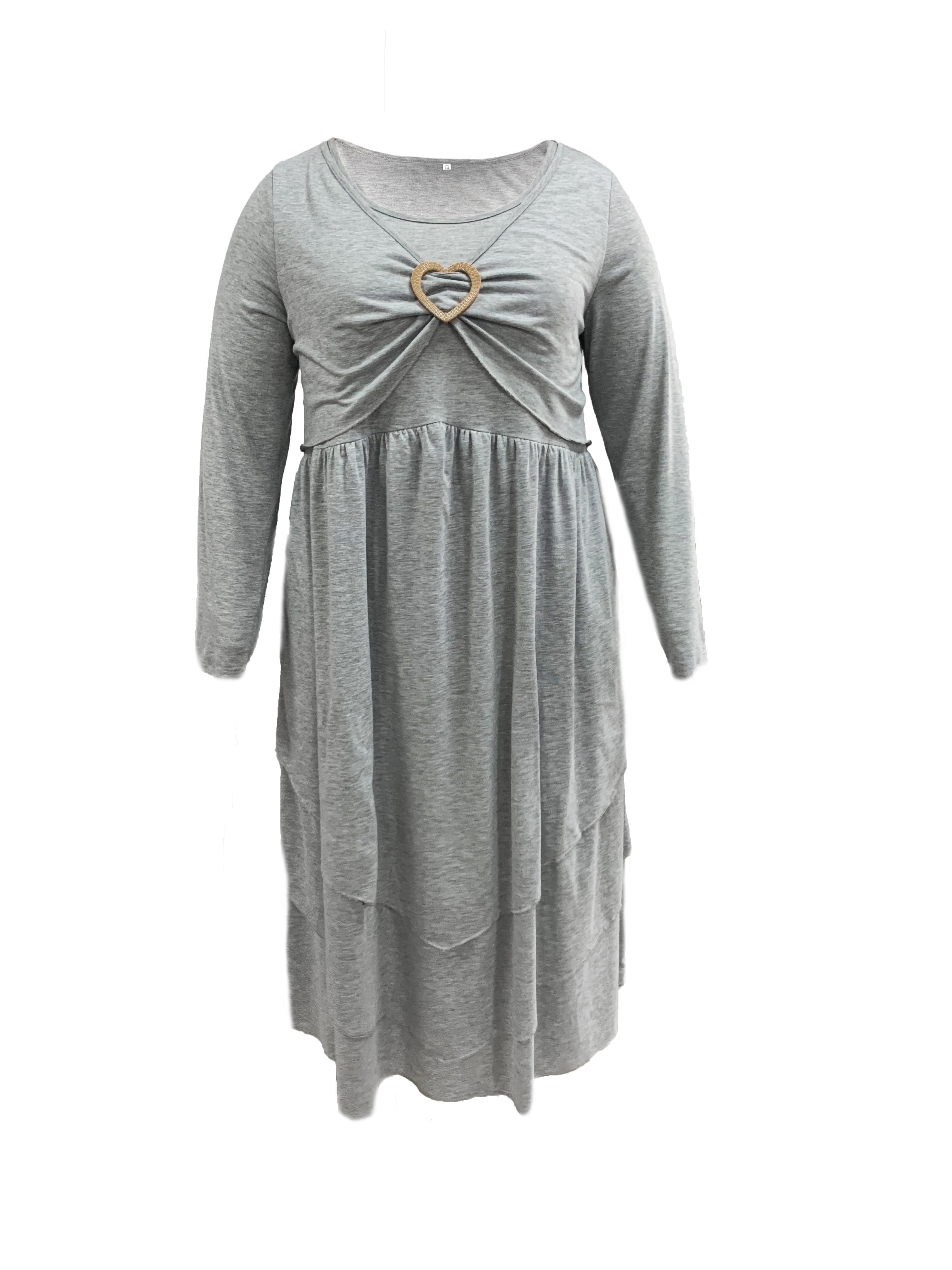 Women's Plain Long Sleeve Layered Heart Ring Decor Round Neck Maxi Dress