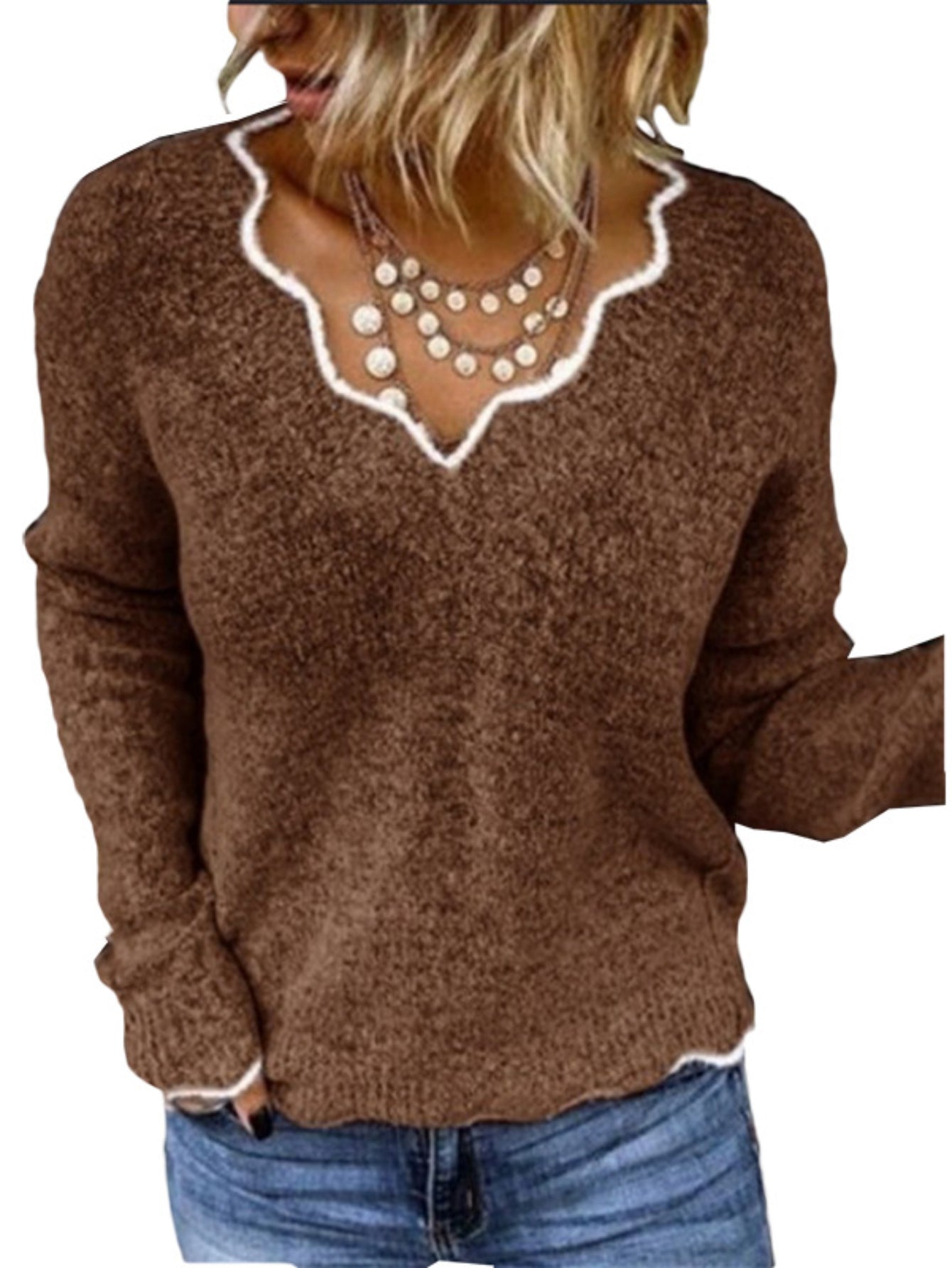 Scallop Trim Knit Sweater, Casual V Neck Long Sleeve Sweater
