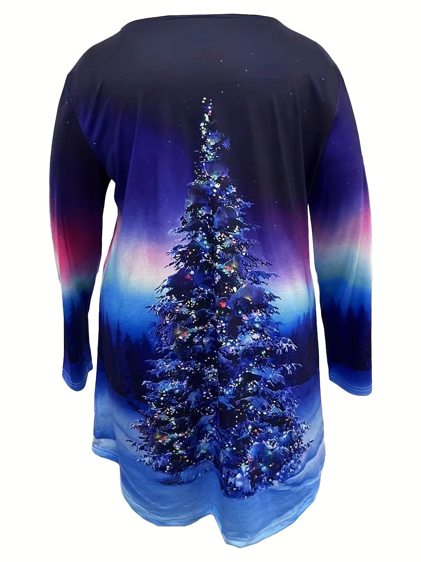 Christmas Casual Top, Women's Tree Print Long Sleeve Round Neck Medium Stretch Tunic Top