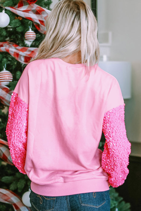 Pink Valentines LOVE Chenille Embroidered Sequin Sleeve Sweatshirt