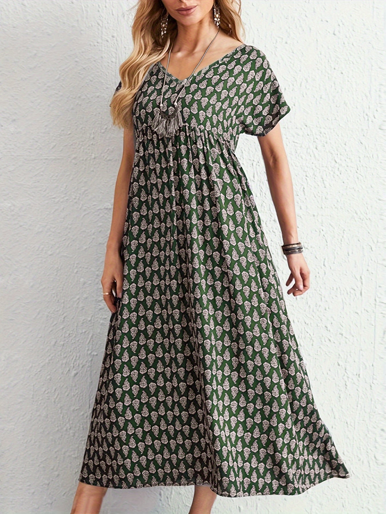 All Over Print Dress, Casual V Neck Short Sleeve Dress