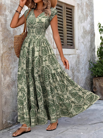 Spring Summer Printed Patchwork V-Neck Long Dress