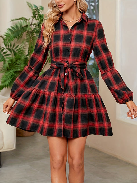 Plaid Button Front Belted Dress, Casual Lantern Sleeve Dress