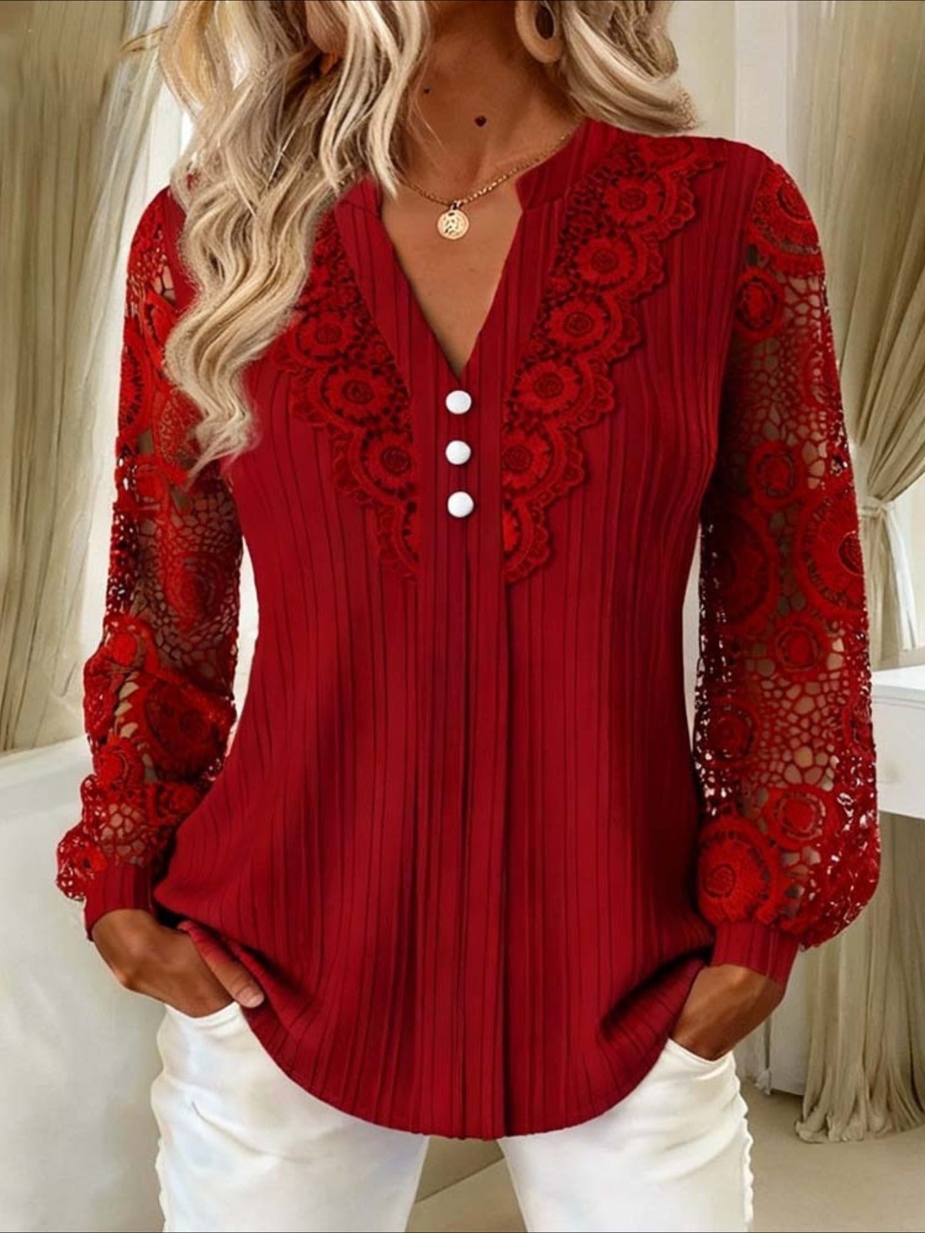 Solid Color V Neck Lace Long Sleeve Shirt