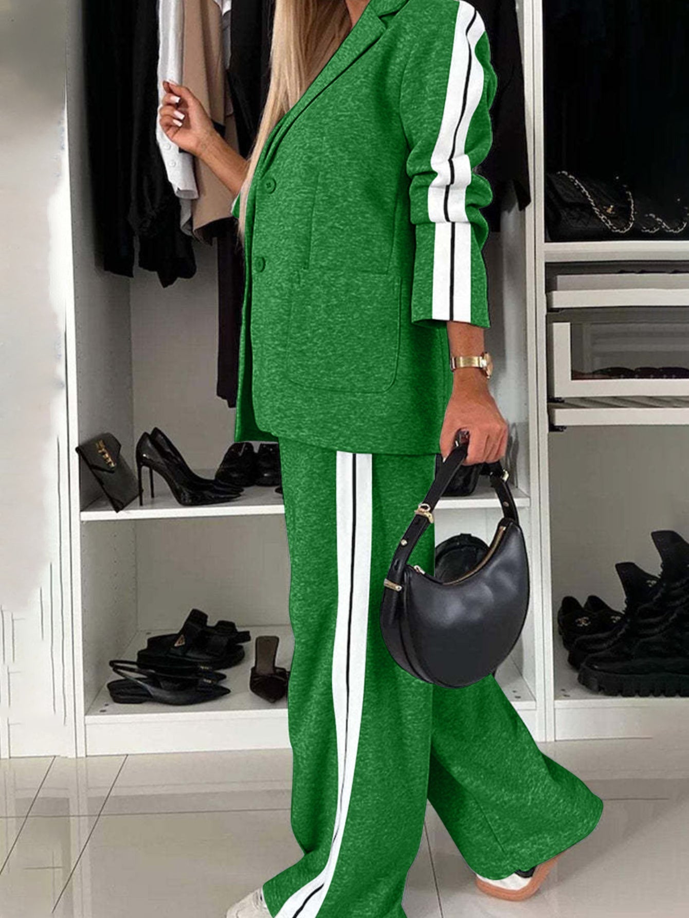 Full Size Contrast Lapel Collar Top and Pants Set