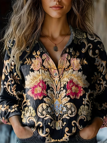 Vibrant Paisley & Floral Print Women's Long Sleeve Blouse