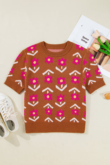 Brown Floral Short Puff Sleeve Sweater