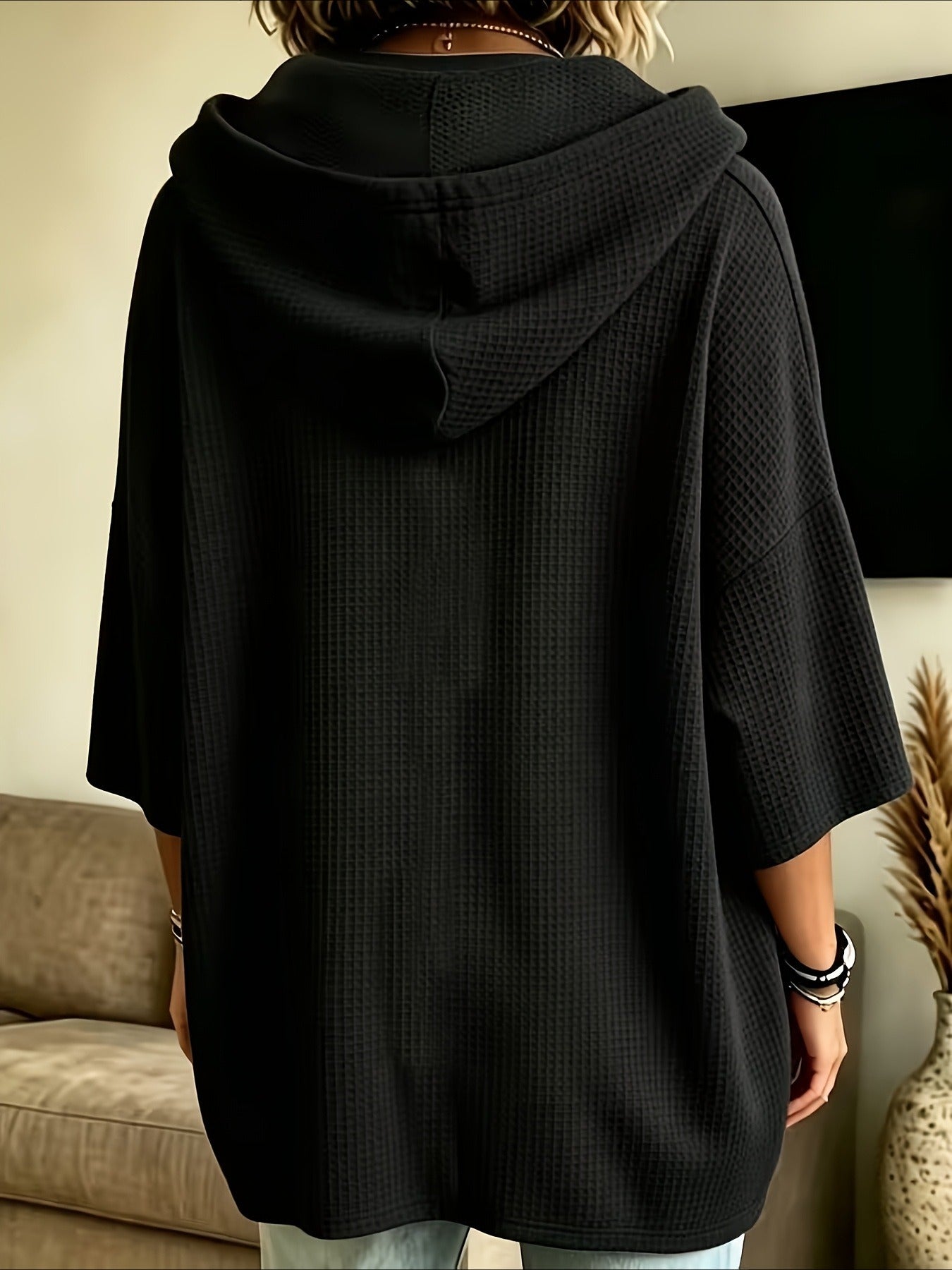 Elegant Casual Solid Color Loose Fit Hooded Fashion Waffle Sweatshirt